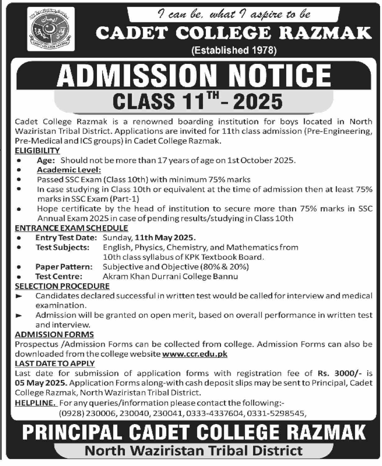 Admissions Open in Cadet College Razmak 2025 Admissions 2025 — original advertisement