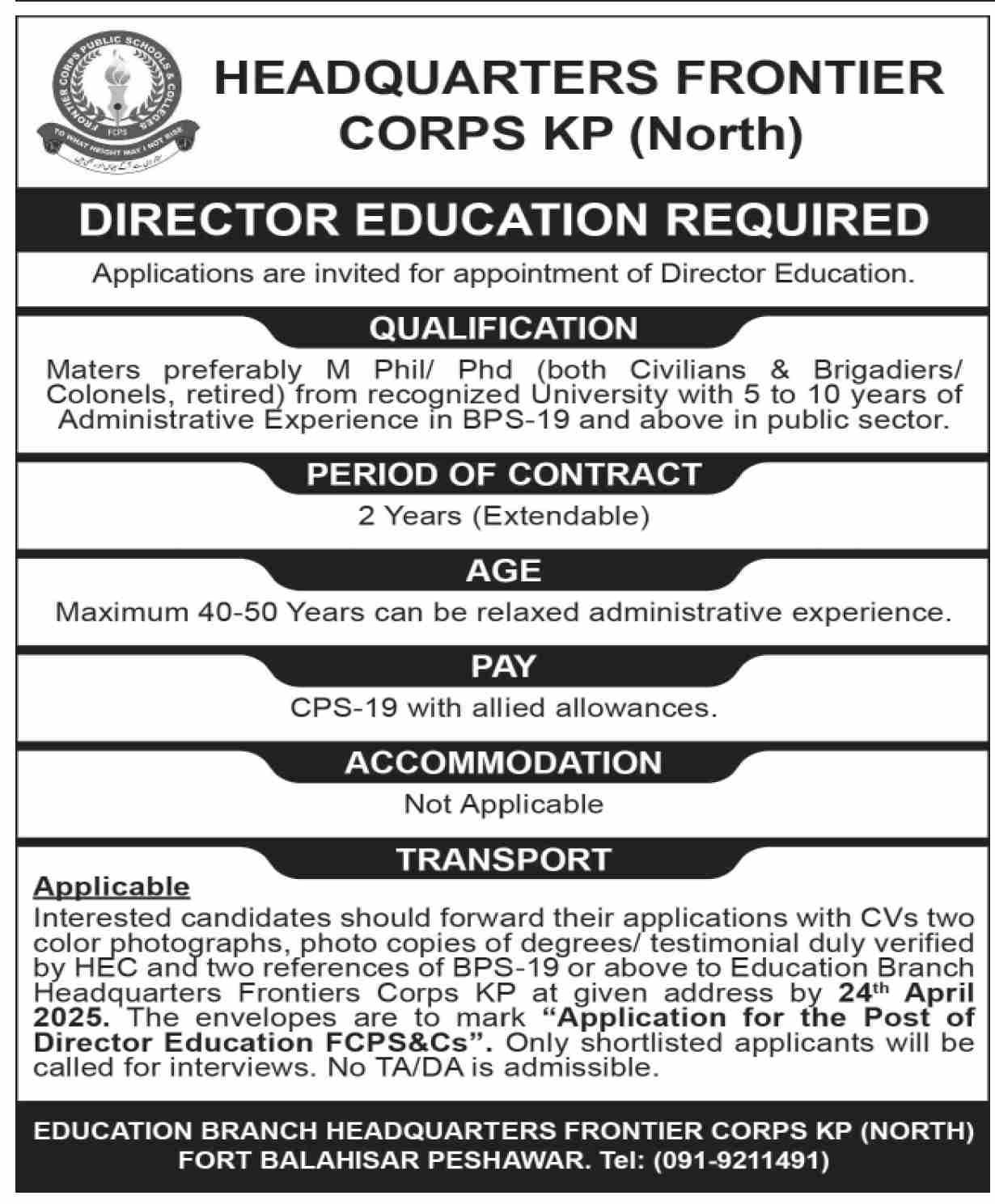 Headquaters Frontier Corps Kp North Jobs 2025 – Frontier Corps Kpk Jobs 2025 — original advertisement
