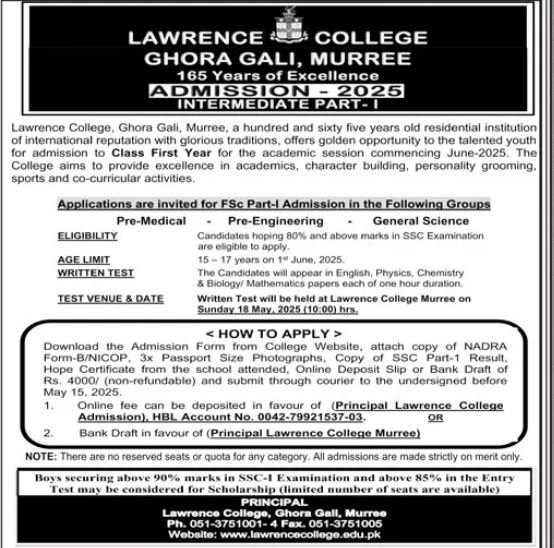 Admission Open in Lawrence College Ghora Gali Murree 2025 Admissions 2025 — original advertisement