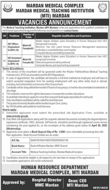 Mardan Medical Complex MTI Mardan HR Staff Jobs 2025 Jobs 2025 — original advertisement