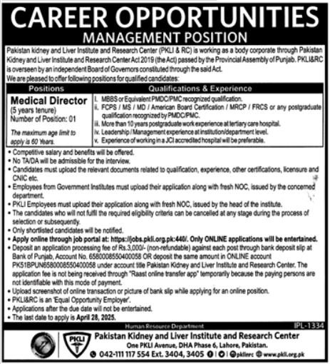 Pakistan Kidney And Liver Institute And Research Centre Jobs – Pakistan Kidney And Liver Institute (PKLI) And Research Centre Lahore Jobs 2025 — original advertisement