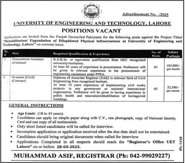 University of Engineering and Technology UET Lahore Job 2025 – University of Engineering  & Technology Lahore Jobs 2025 — original advertisement