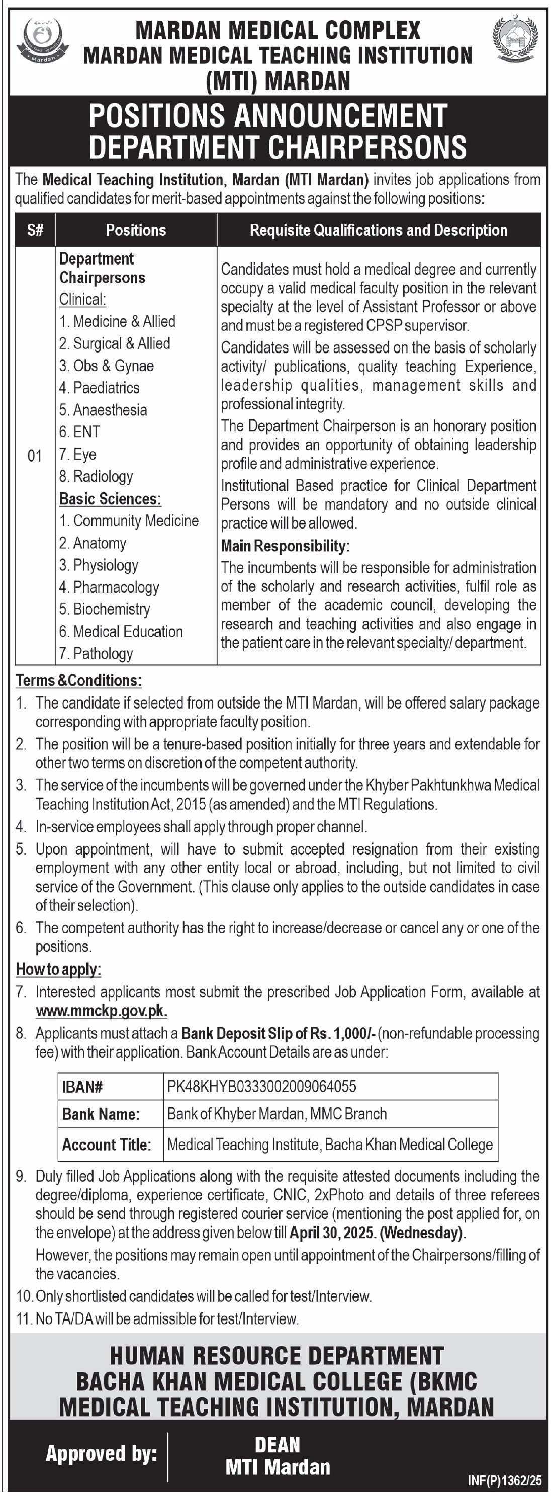 Bacha Khan Medical College BKMC MTI Mardan Jobs 2025 – Bacha Khan Medical College Mardan Jobs 2025 — original advertisement