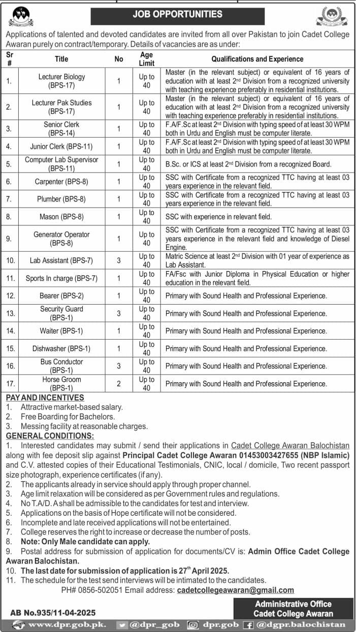 Cadet College Awaran Balochistan Jobs 2025 Jobs 2025 — original advertisement