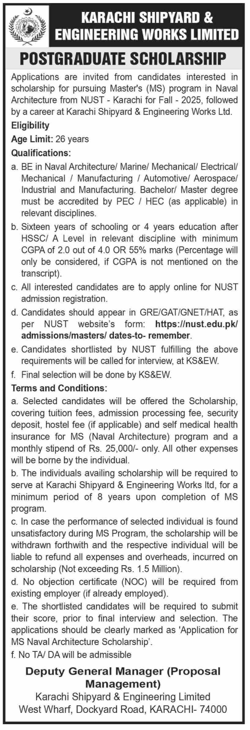 Scholarship Program At Karachi Shipyard And Engineering Work – Karachi Shipyard & Engineering Works Limited Scholarships 2025 — original advertisement