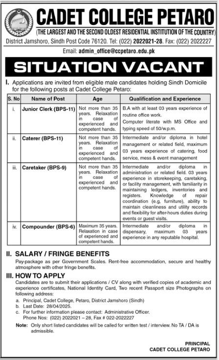 Cadet College Petaro Sindh Jobs 2025 Jobs 2025 — original advertisement