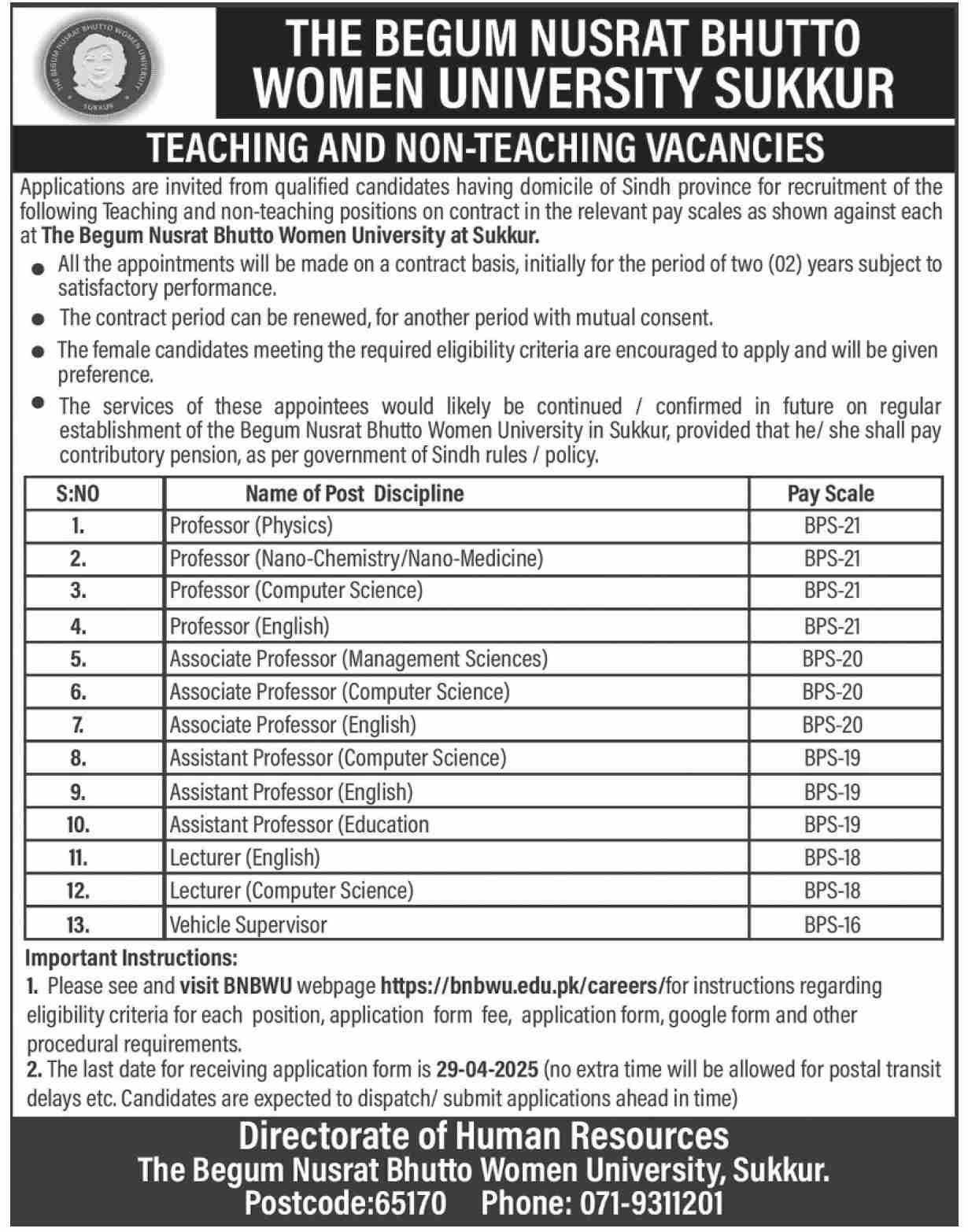 Begum Nusrat Bhutto Women University Jobs 2025 – Begum Nusrat Bhutto Women University Sukkur Jobs 2025 — original advertisement