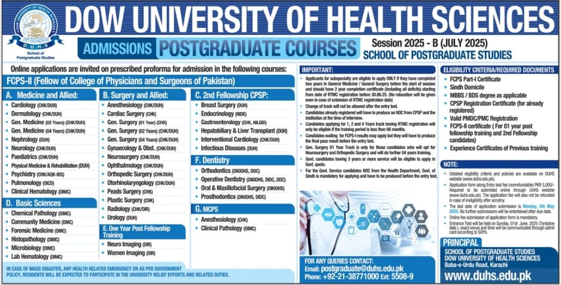 Admission Open in Dow University of Health Sciences 2025 – Dow University of Health Sciences Karachi Admissions 2025 — original advertisement