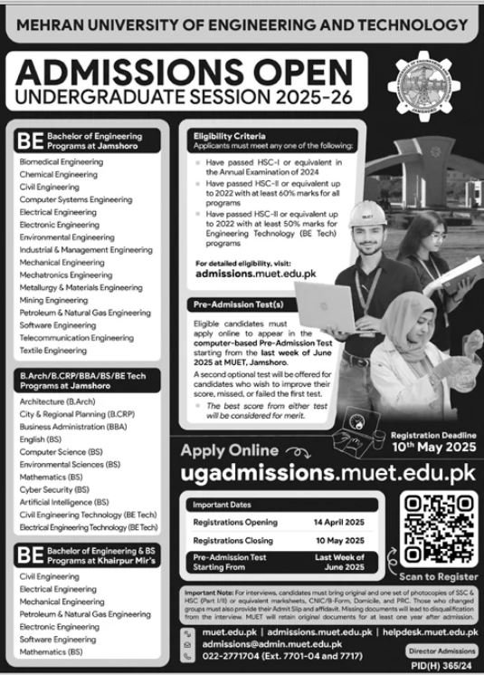 Admission Open in Mehran Univeristy of Engineering And Techn – Mehran University of Engineering & Technology Jamshoro Admissions 2025 — original advertisement