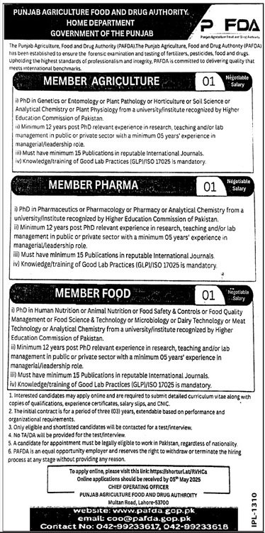 Punjab Agriculture Food And Drug Authority Jobs 2025 – Home Department Punjab Jobs 2025 — original advertisement