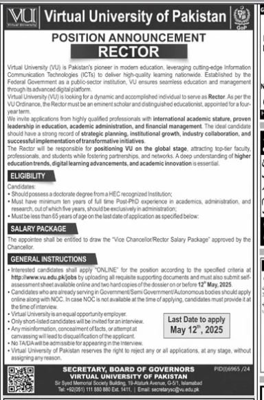 Virtual University Of Pakistan Rector Jobs 2025 Jobs 2025 — original advertisement