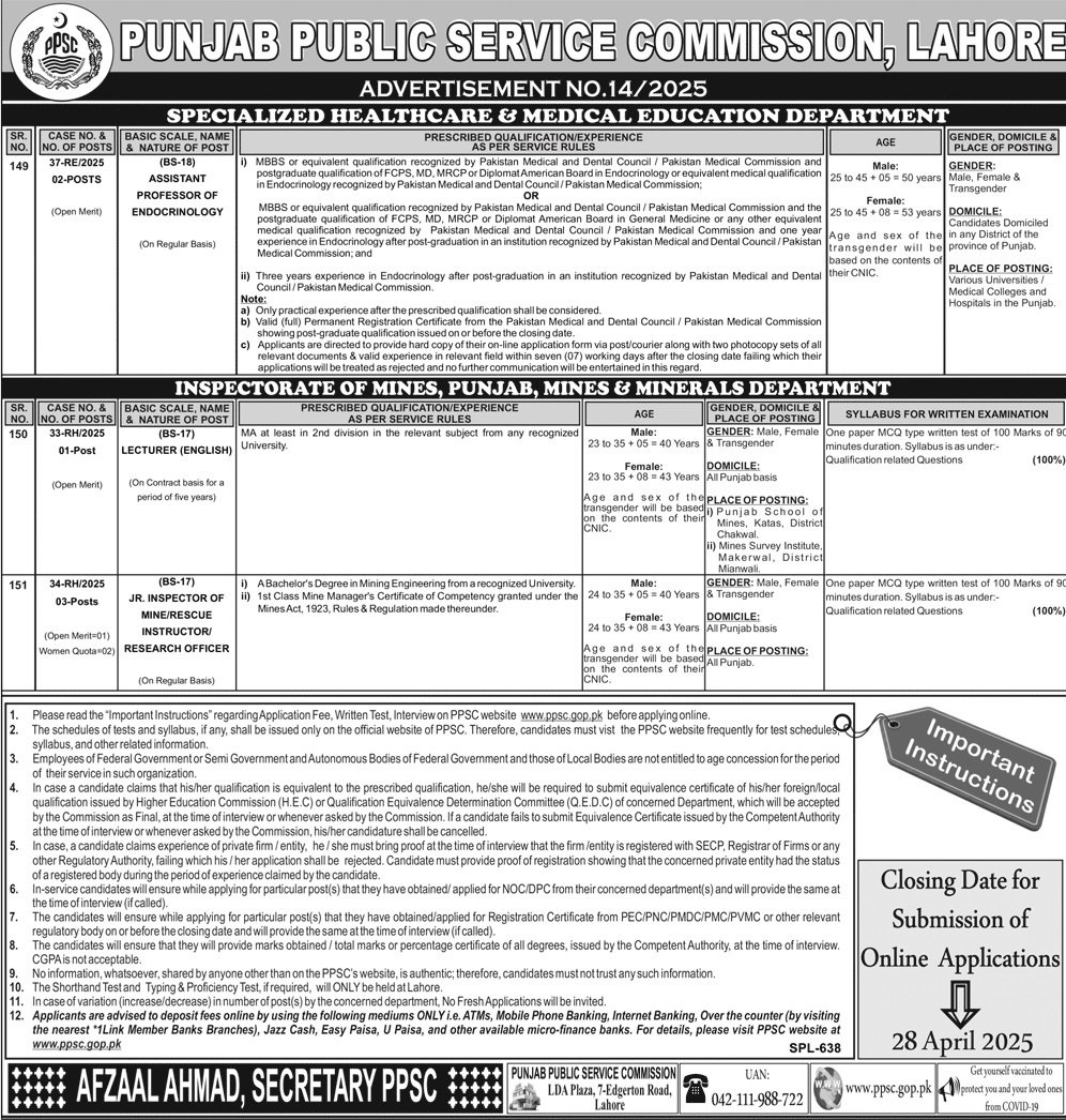 Punjab Public Service Commission PPSC Jobs 14/2025 – Punjab Public Service Commission Lahore Jobs 2025 — original advertisement