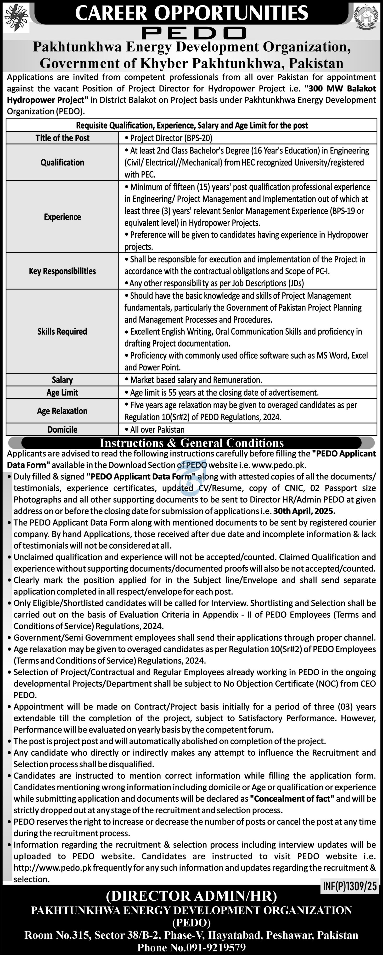 Khyber Pakhtunkhwa Energy Develpment Organization Jobs 2025 – Khyber Pakhtunkhwa Energy Development Organization Jobs 2025 — original advertisement
