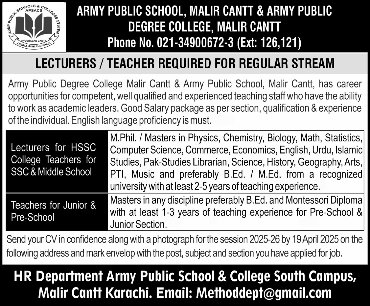 Army Public School Malir Cantonment Karachi Jobs 2025 – Army Public School & College Paksitan Jobs 2025 — original advertisement