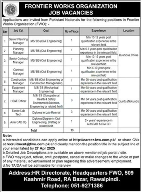 Frontier Works Organization FWO Jobs 2025 Jobs 2025 — original advertisement