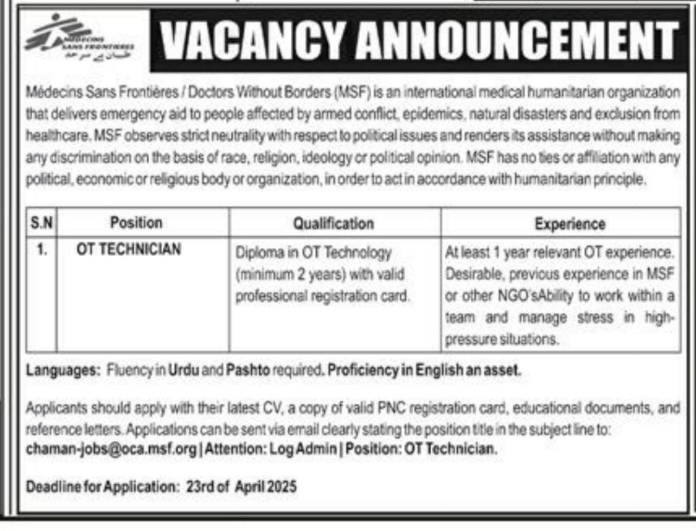 Medecins Sans Frontieres MSF Balochistan Jobs 2025 – Medecins Sans Frontières (MSF) Jobs 2025 — original advertisement