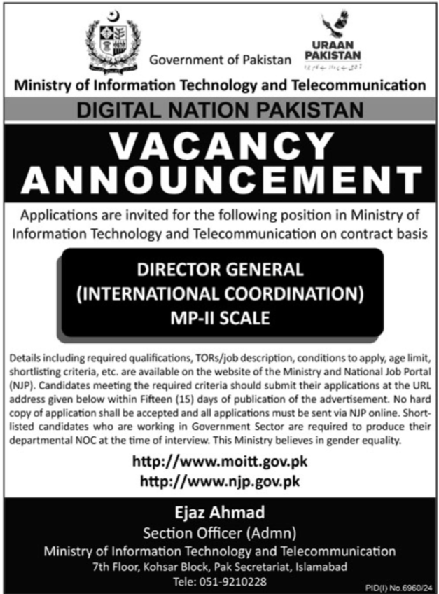 Ministry Of Information Technology MOIT Jobs 2025 – Ministry of Information Technology and Telecommunication Jobs 2025 — original advertisement