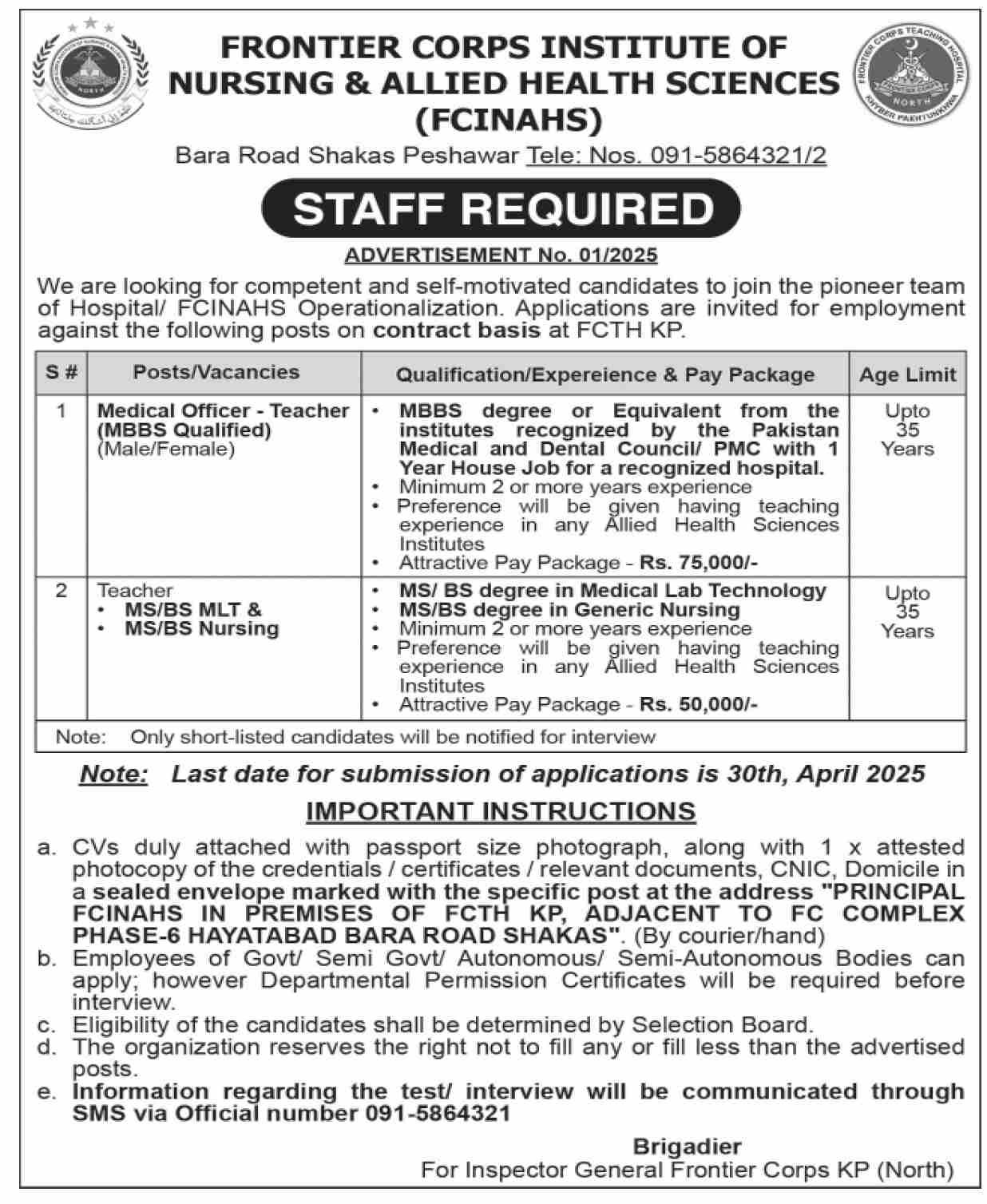 Frontier Corps Institution Of Nursing Peshawar Jobs 2025 – Frontier Corps Kpk Jobs 2025 — original advertisement