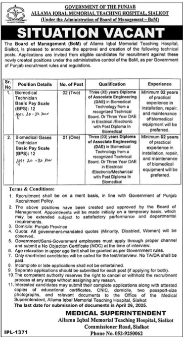 Allama Iqbal Memorial Teaching Hospital Sialkot Jobs 2025 – Allama Iqbal Memorial Hospital AIMH Jobs 2025 — original advertisement