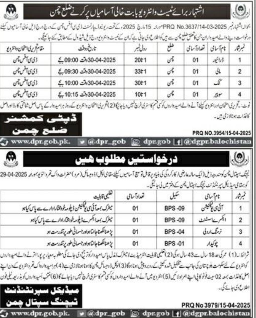 Revenue Department Chaman Test Interview 2025 – Revenue Department Balochistan Jobs 2025 — original advertisement