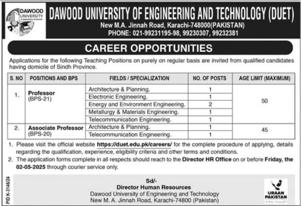 Dawood University Of Engineering & Technology Karachi Jobs – Dawood University of Engineering and Technology Karachi Jobs 2025 — original advertisement