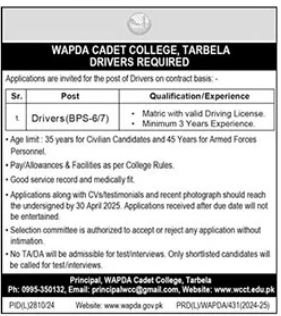 Wapda Cadet College Tarbela Job 2025 Jobs 2025 — original advertisement