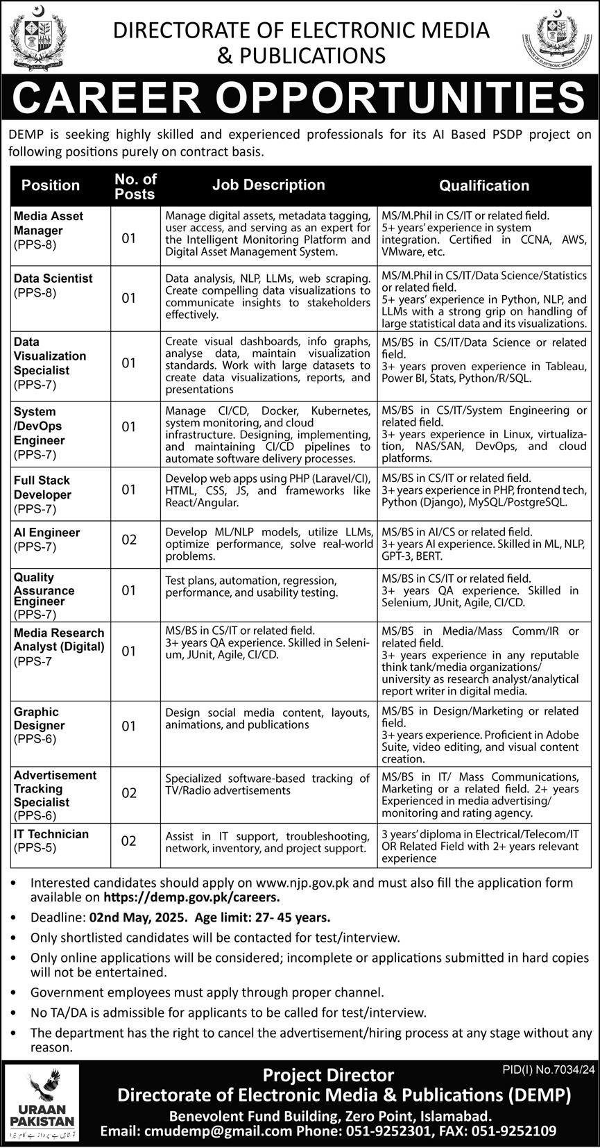 Directorate Of Electronic Media & Publications DEMP Jobs – Federal Directorate of Education Islamabad Jobs 2025 — original advertisement