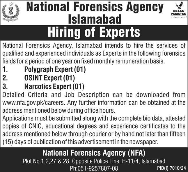 NFA National Forensics Agency Islamabad Jobs 2025 – Ministry of National Food Security & Research Jobs 2025 — original advertisement