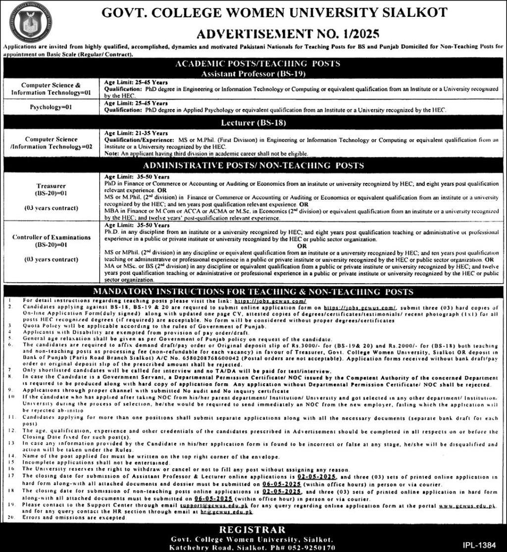 Govt College Women University Sialkot Jobs 2025 – Government College Women University Sialkot Jobs 2025 — original advertisement