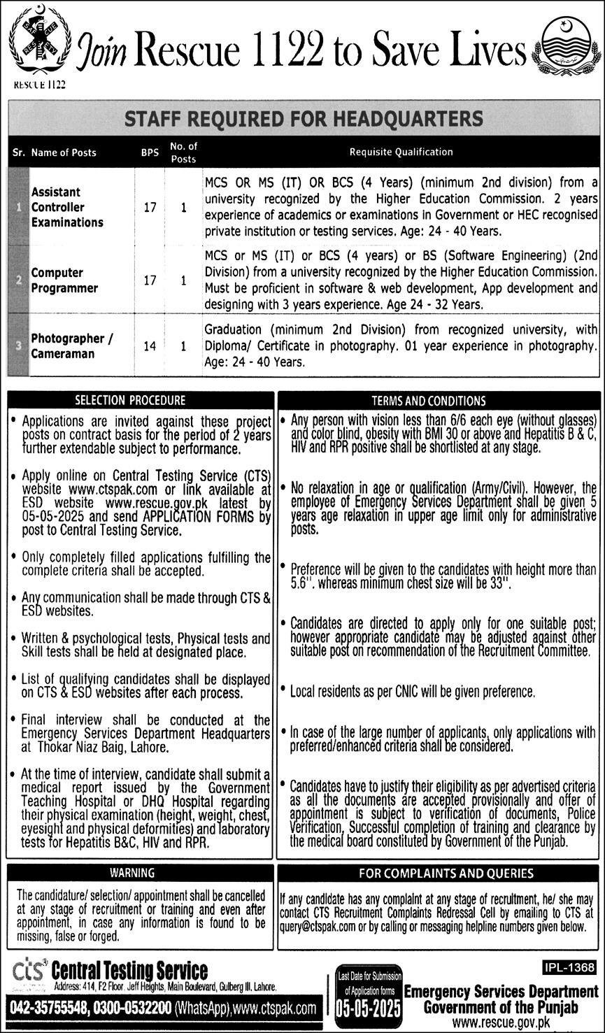 Punjab Emergency Service Rescue 1122 Jobs 2025 Jobs 2025 — original advertisement