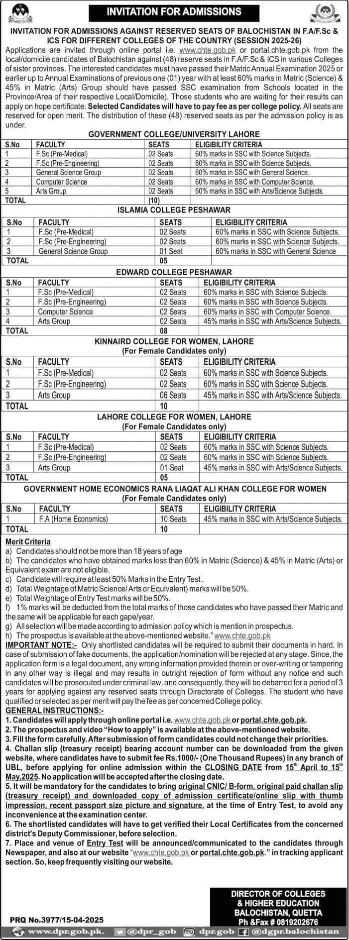Admission Open in Director of Colleges & higher Education – Colleges Higher and Technical Education Department Balochsitan Admissions 2025 — original advertisement