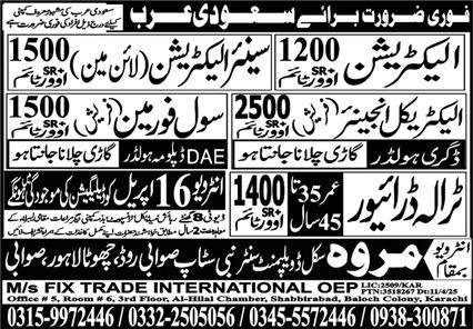 Electrical Engineer & Senior Electrician Jobs 2025 – Fix Trade International Driving Jobs 2025 — original advertisement