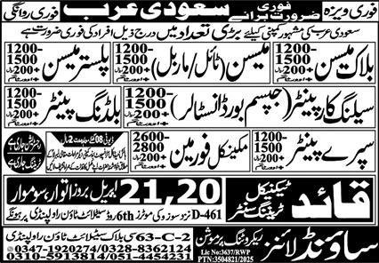 Ceiling Carpenter & Building Painter Jobs 2025 Saudi Arabia – Sound Lines Recruiting Promotion Jobs 2025 — original advertisement