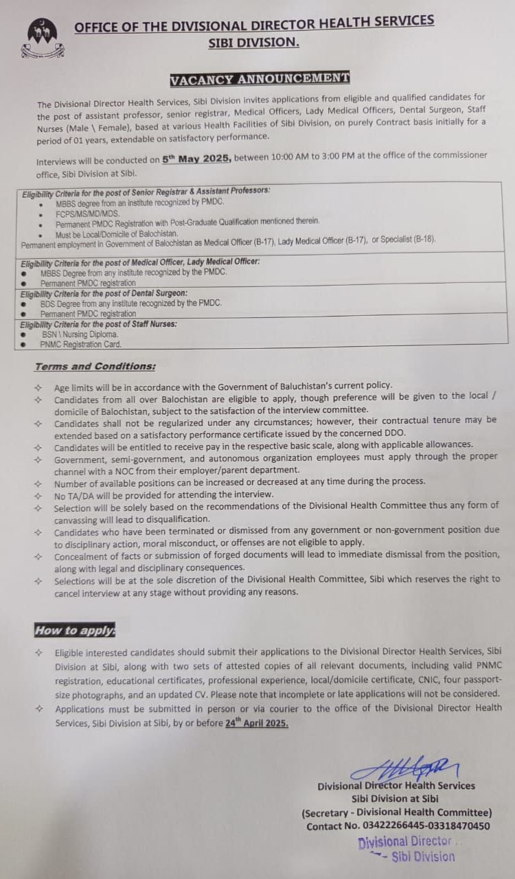Divisional Director Health Services SIBI Division Jobs 2025 – Health Department Balochsitan Jobs 2025 — original advertisement