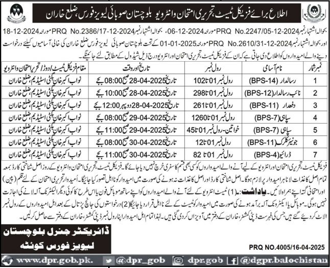 Balochistan Levies Force Kharan Test Interview 2025 Jobs 2025 — original advertisement