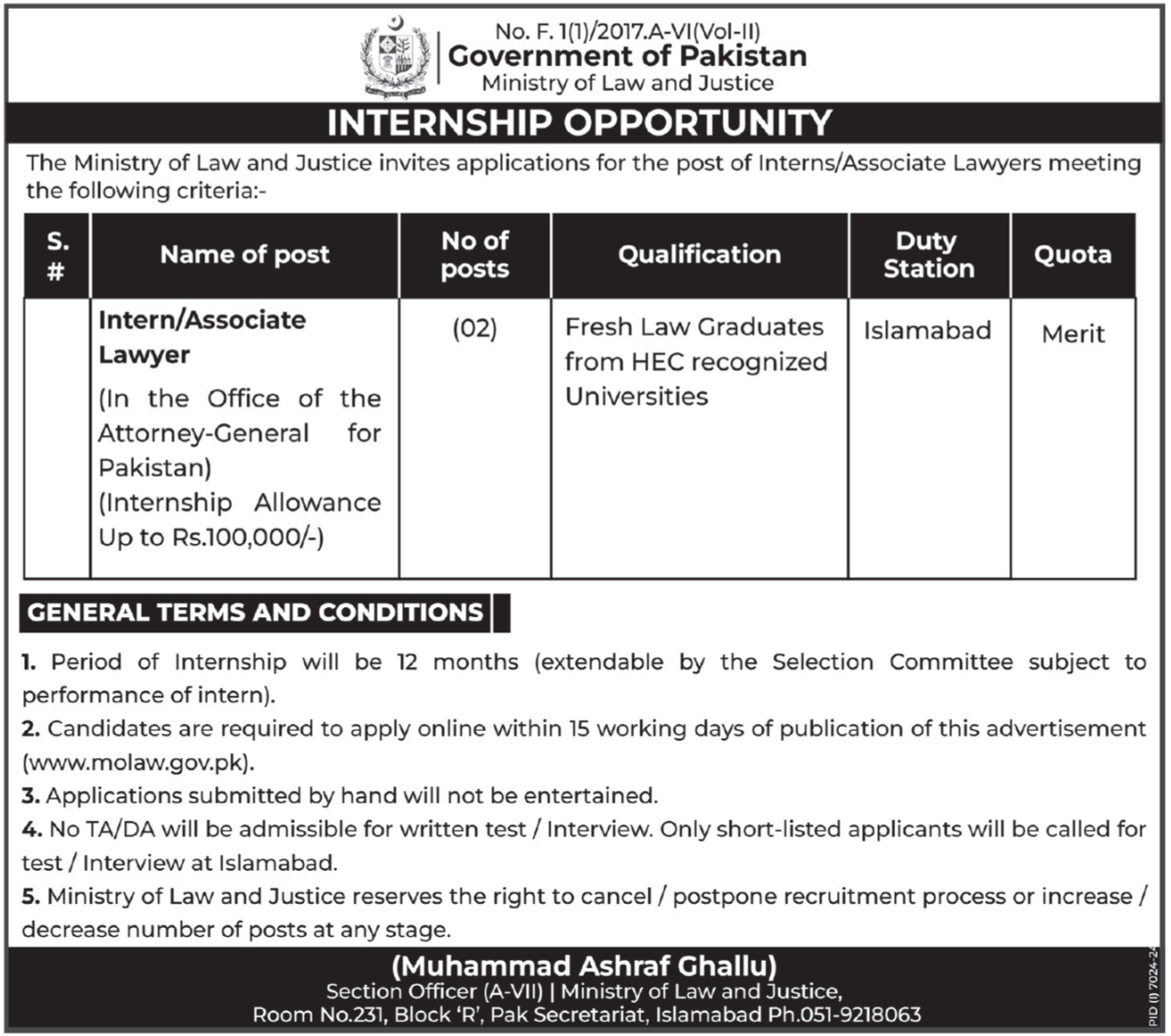 Ministry Of Law And Justice Islamabad Jobs 2025 Jobs 2025 — original advertisement