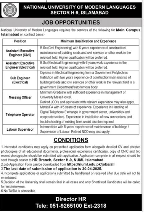 National University Of Modern Languages NUMLIslamabad Jobs – National University of Modern Languages Islamabad Jobs 2025 — original advertisement