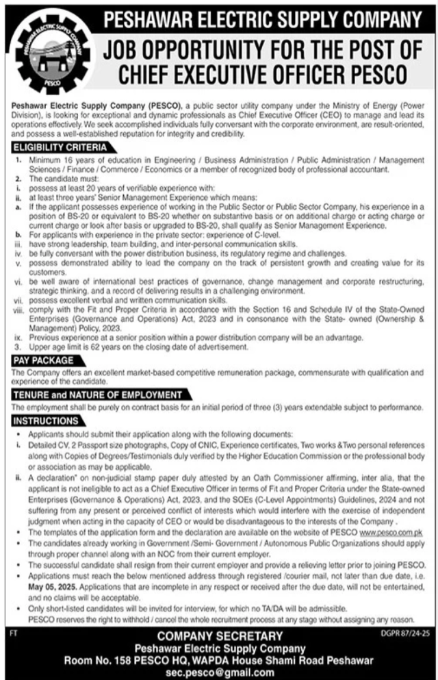Peshawar Electric Supply Company PESCO Jobs 2025 – Peshawar Electric Supply Company - PESCO Jobs 2025 — original advertisement