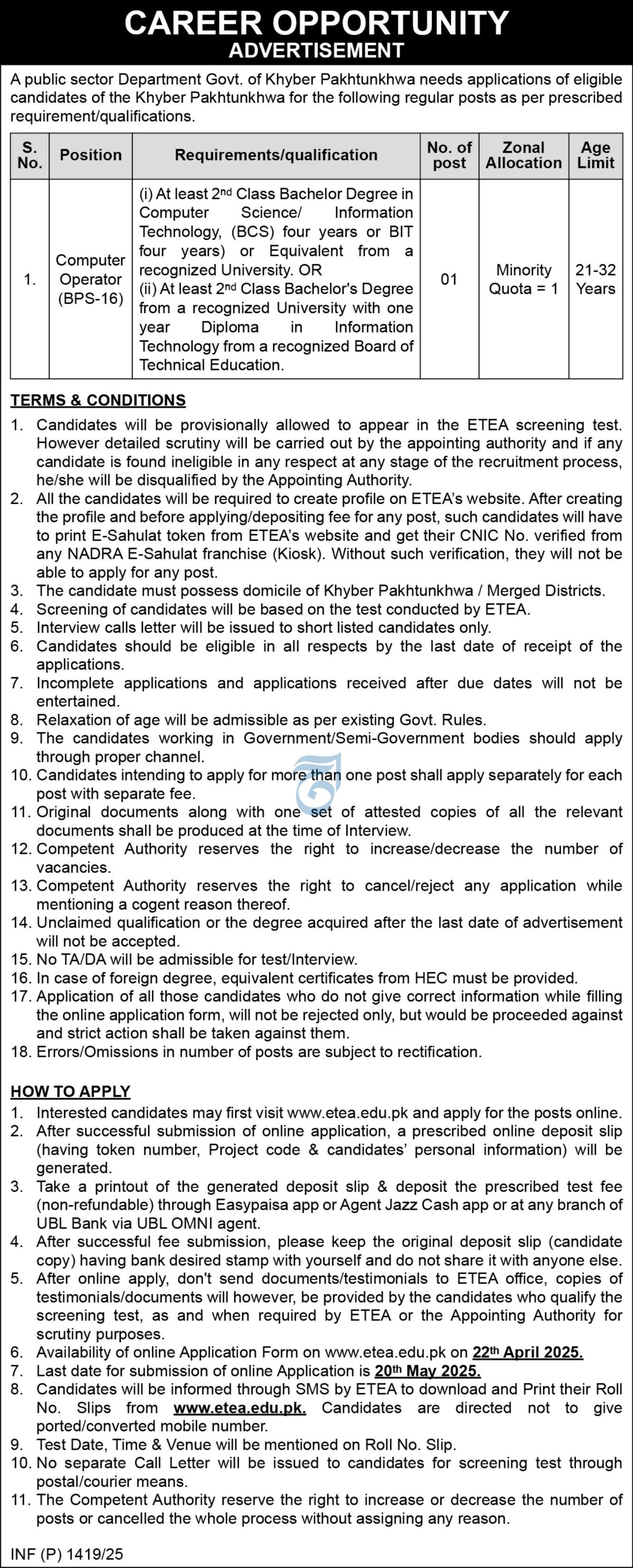 Public Sector Department Peshawar Job 2025 – Public Sector Organization Jobs 2025 — original advertisement