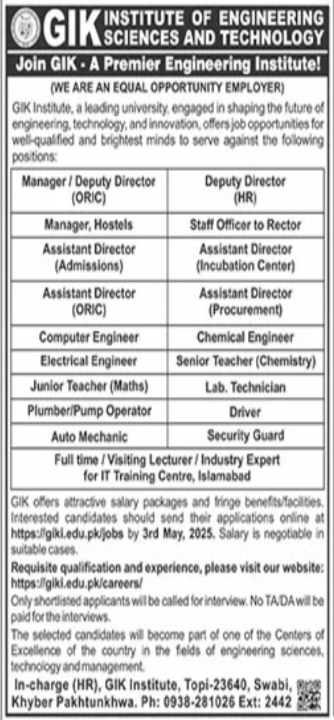 Ghulam Ishaq Khan Institute GIK Swabi Jobs 2025 – Ghulam Ishaq Khan GIK Institute of Engineering Sciences and Technology Swabi Admissions 2025 — original advertisement