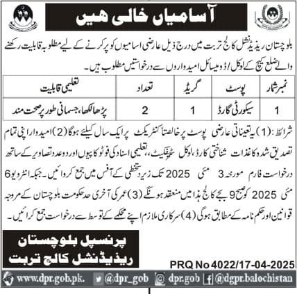 Balochistan Residential College Turbat Jobs 2025 Jobs 2025 — original advertisement