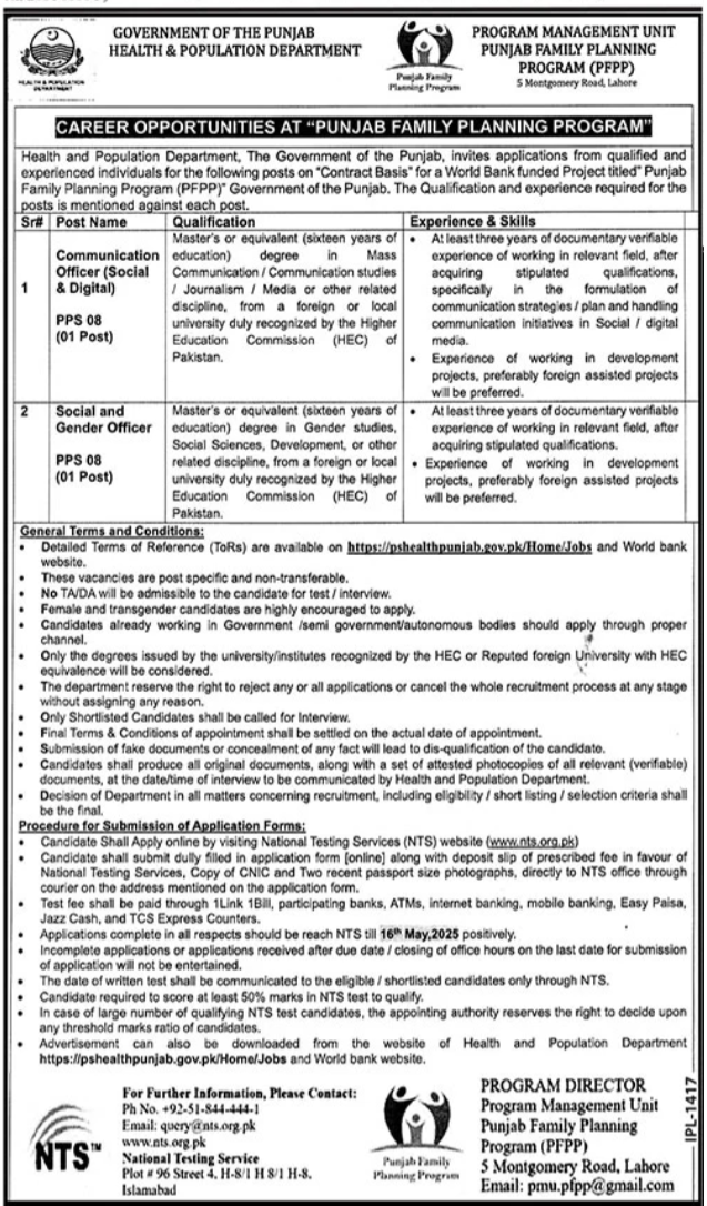 Punjab Family Planning Program PFPP Lahore Jobs 2025 – Population Welfare Department Punjab Jobs 2025 — original advertisement