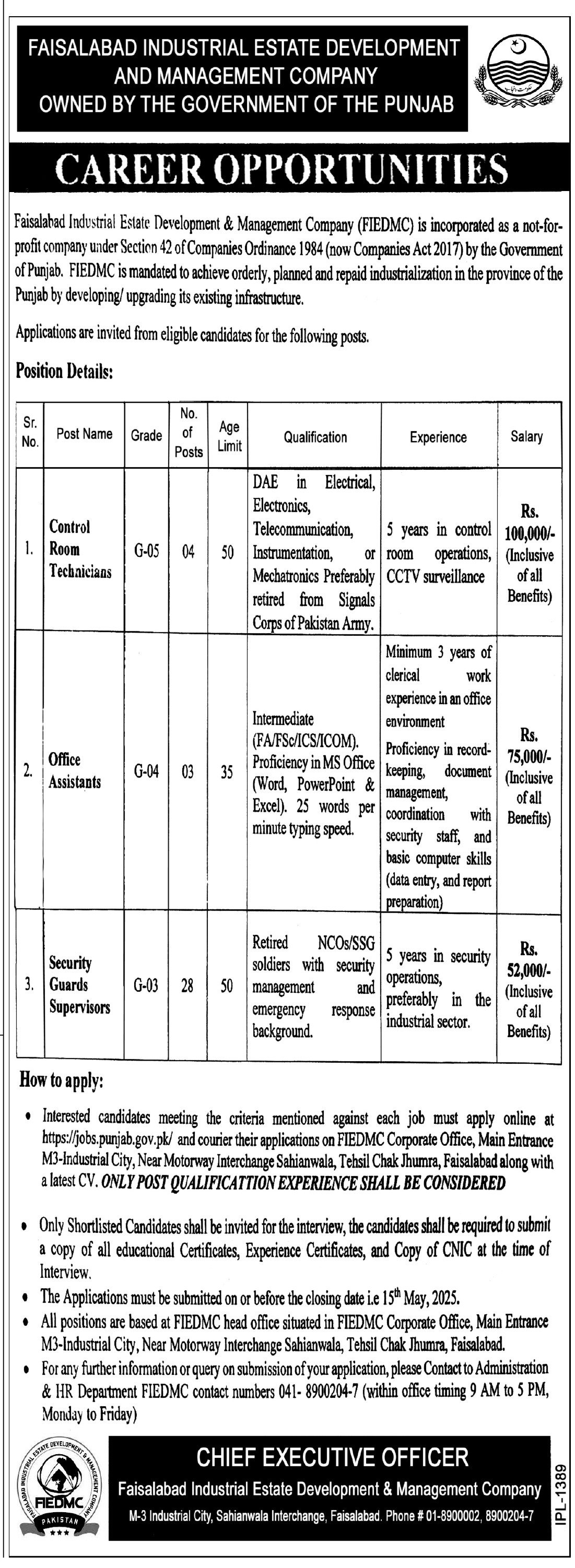 FIEDMC Faisalabad Industrial Estate Development Jobs 2025 – Private Company Jobs 2025 — original advertisement
