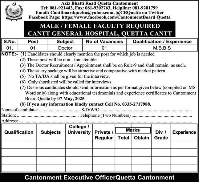Cantt General Hospital Quetta Jobs 2025 – Cantonment Board Jobs 2025 — original advertisement