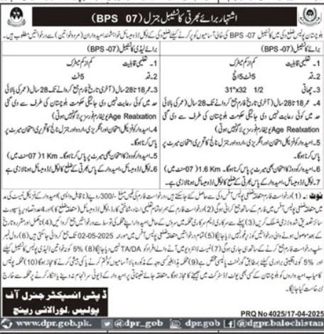 Balochistan Police District Duki Jobs 2025 – Balochistan Police Department Jobs 2025 — original advertisement