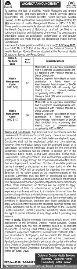 Divisional Director Health Services Quetta Division Job 2025 – Health Department Balochsitan Jobs 2025 — original advertisement