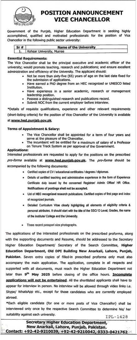 Kohsar University Murree Punjab Jobs 2025 Jobs 2025 — original advertisement