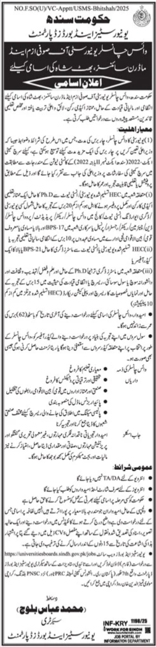University Of Sufism Jobs 025 – University of Sufism and Modern Sciences Bhitshah Jobs 2025 — original advertisement
