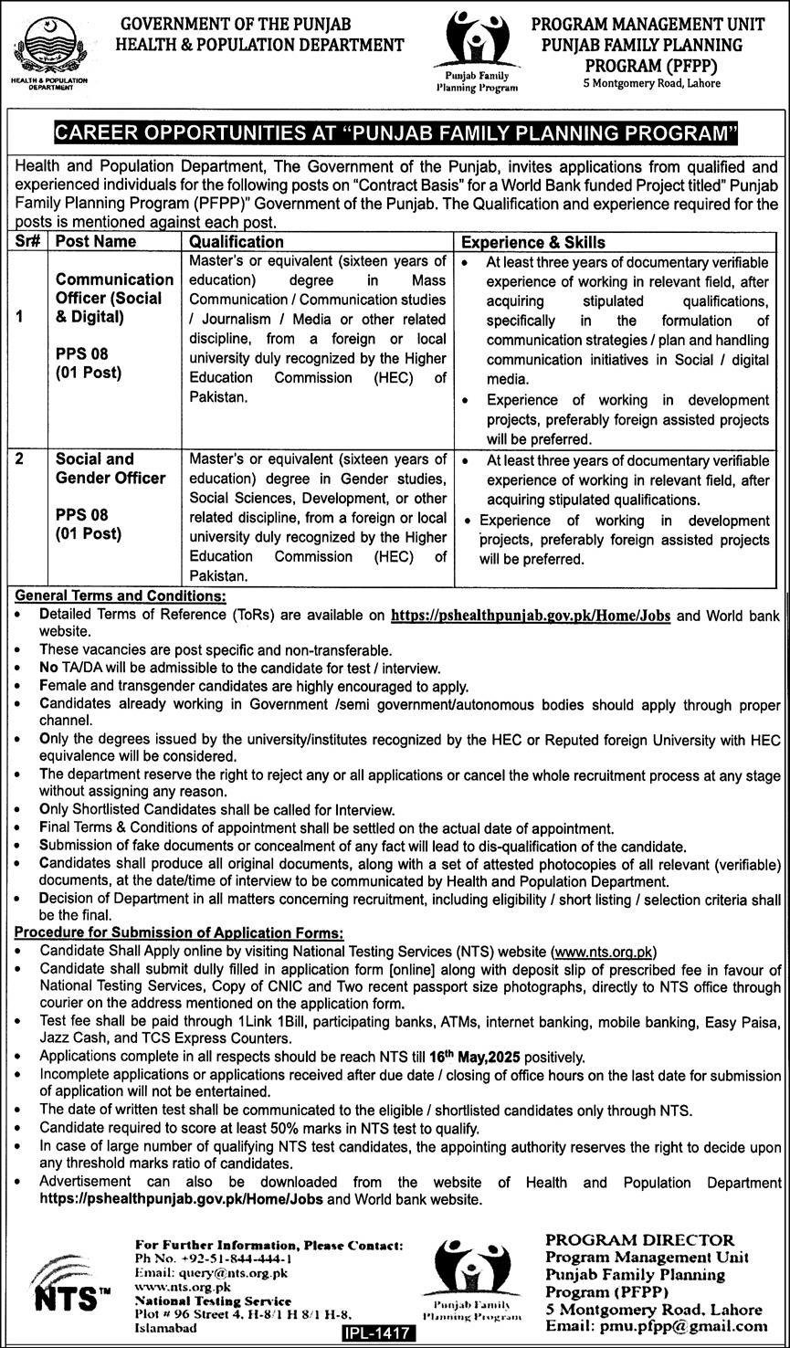 Health & Population Department PFPP Lahore Jobs 2025 – Population Welfare Department Punjab Jobs 2025 — original advertisement