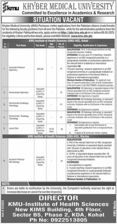 Khyber Medical University KMU Faculty Staff Jobs 2025 – Khyber Medical University Peshawar Jobs 2025 — original advertisement